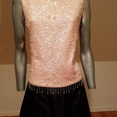  Vtg Ensemble fully embellished Hong Kong pink top & Taffeta bubble maxi skirt