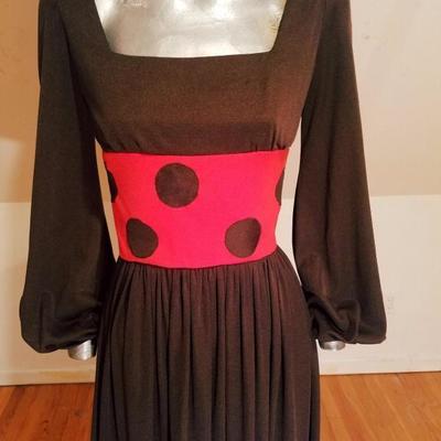 Vtg Maxi 1970's Polka dot dress Cocoa/Orange fluid