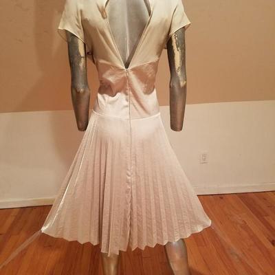 Vtg Beige Floral embroidered satin pleated dress chiffon bodice