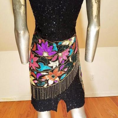 Vtg Unique bold sequined Art Deco floral beaded dress gold fringe