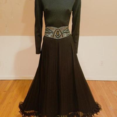 Vintage Miss Elliette California 1950's Chiffon pleated maxi gown beaded belt