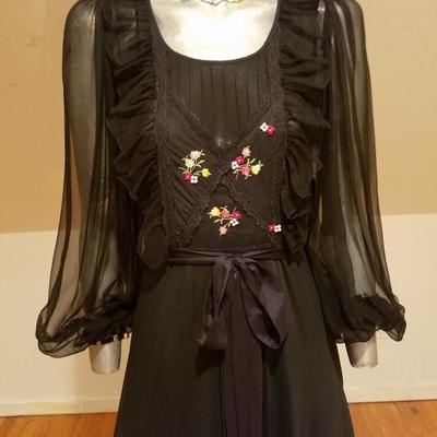 Vtg French Campagne silk chiffon maxi dress hand embroidery 