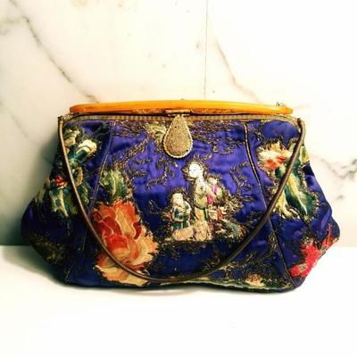 Antique Chinese silk stitch embroidered purse bakelite handle top 