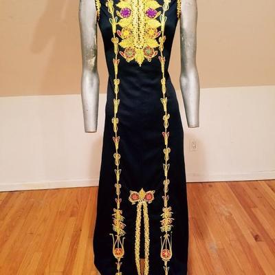 Vintage Moroccan golden Hand embroidered maxi Kaftan festive dress