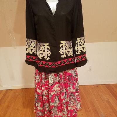 Vtg Asian Inspired Silk Crepe skirt Jacket & scarf printed Ensemble 