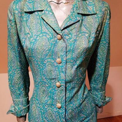 Aqua Gold metallic brocade coat trapeze dress rhinestone buttons 