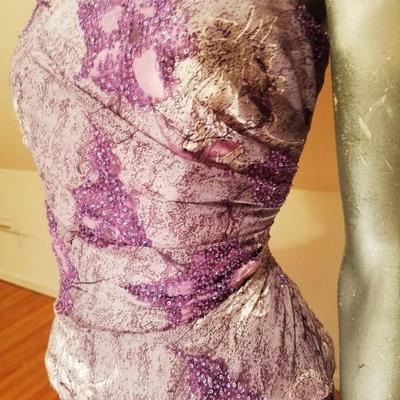 Vtg silk violet Jovani strapless beaded gown with cover scarf 