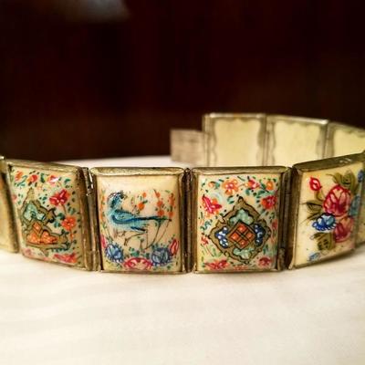 Hand painted vintage Persian 8 panel silver covered bracelet 1940's