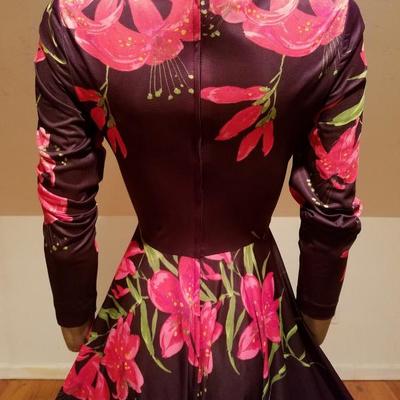 Vintage Boho chic red/pink Lilly floral on brown jersey maxi full sweep