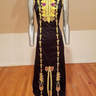 Vintage Moroccan golden Hand embroidered maxi Kaftan festive dress