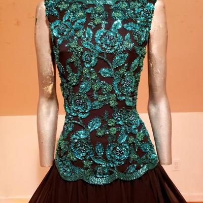 Vtg Oleg Cassini Emerald embellished chiffon high low fluid dress