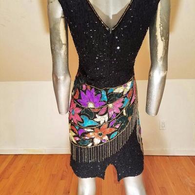 Vtg Unique bold sequined Art Deco floral beaded dress gold fringe