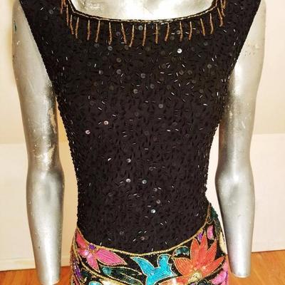 Vtg Unique bold sequined Art Deco floral beaded dress gold fringe