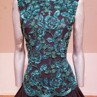Vtg Oleg Cassini Emerald embellished chiffon high low fluid dress
