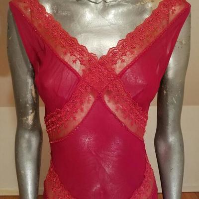 Vtg Ruby silk Layering bias gown lace trim