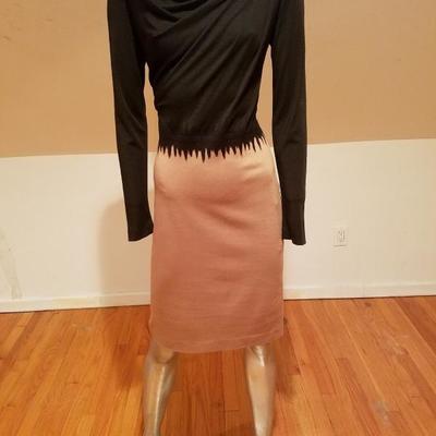 Vtg Escada Couture wool blend beige black  draped dress Euro-38 