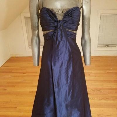 Vtg Badgley Mischka silk cobalt blue shirred empire embellished gown