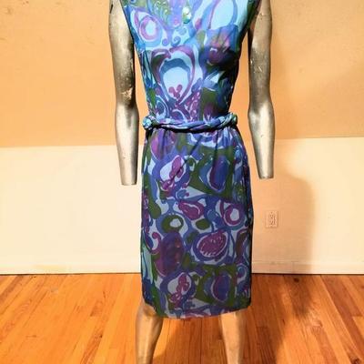 Vtg 1950's Lord & Taylor silk screen chiffon wiggle dress embellished shoulders