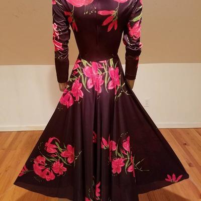 Vintage Boho chic red/pink Lilly floral on brown jersey maxi full sweep