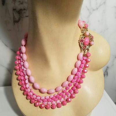 Vtg Bead Necklace multi strand Pink Enamel & rhinestone clasp  Choker Style