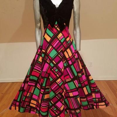 Vtg Elinor Gay Original Maxi Plaid & Velour dress ruffle/bow