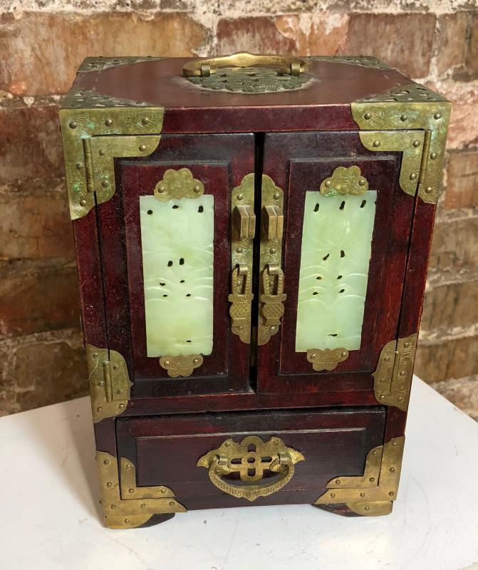 vintage ASIAN BRASS WOOD & JADE JEWELRY BOX | EstateSales.org
