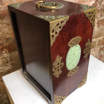 vintage ASIAN BRASS WOOD & JADE JEWELRY BOX