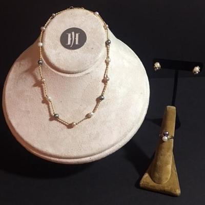 14K, Pearl & South Seas Pearl Trio (earrings, necklace & ring)- 11.04 grams