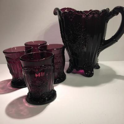Vintage Depression Purple Glass â€œPitcher and 4 glassesâ€