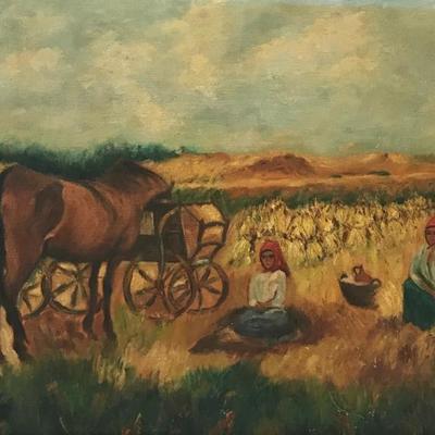 L. R Engel Painting Women Farming 28 X 22