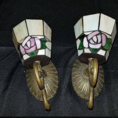 Pair of Small Wall Sconces Stain Glass Votive Size Candles q