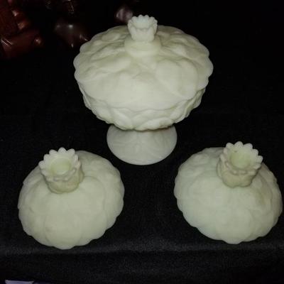 3 pc Fention Set - Custard Glass Compote And Candle Sticks