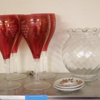 Lot 110: Red Etched Wine Glasses and More