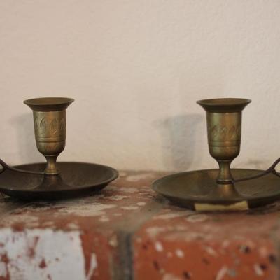 Lot 39: Mantel Lot - Framed Print, Clock and Brass Candle Sticks