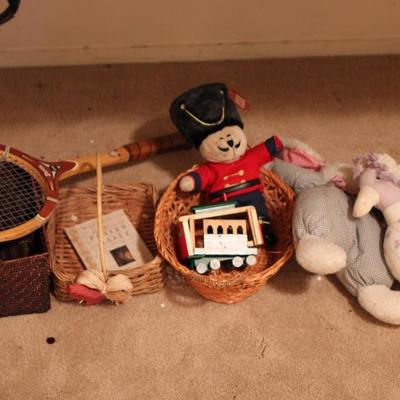 Lot 57: Misc Baskets, Stuffed Animals, Tennis Racket