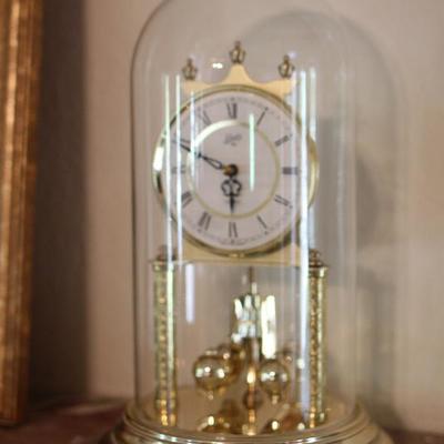Lot 39: Mantel Lot - Framed Print, Clock and Brass Candle Sticks