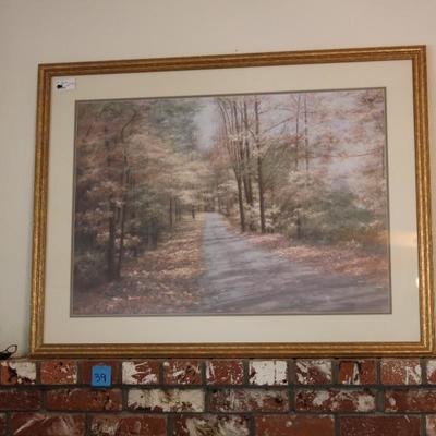 Lot 39: Mantel Lot - Framed Print, Clock and Brass Candle Sticks