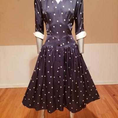  R&K Original Circa 1950's Lucy sweep navy/white polka dot dress button details