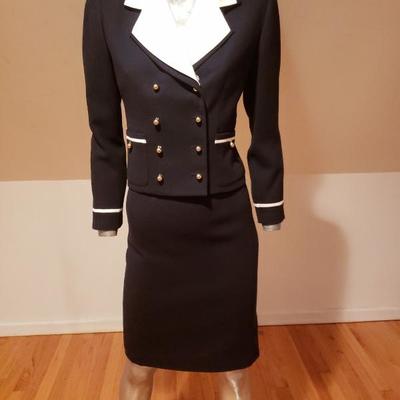 ALBERT NIPON skirt suit Maritime blue & white gold metal buttons
