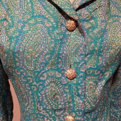 Aqua Gold metallic brocade coat trapeze dress rhinestone buttons 
