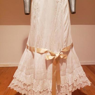 Antique Edwardian Petticoat lawn cotton skirt Broderie Anglaise satin Ribbon bow