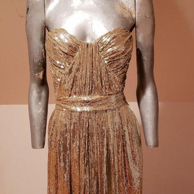 BADGLEY MISCHKA golden Screen Siren Grecian strapless gown $850 K