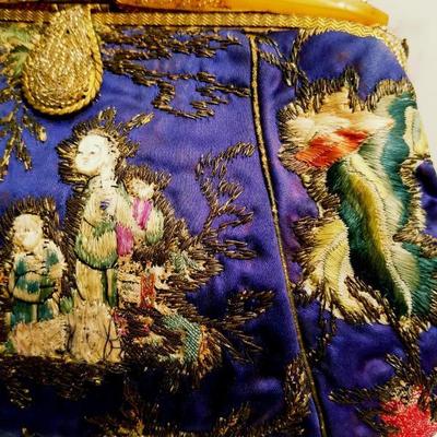 Antique Chinese silk stitch embroidered purse bakelite handle top 