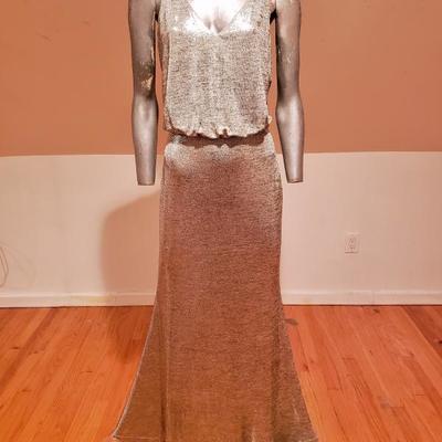 CALVIN KLEIN COUTURE Gown NWT Sand Gold Metallic gold hardware 