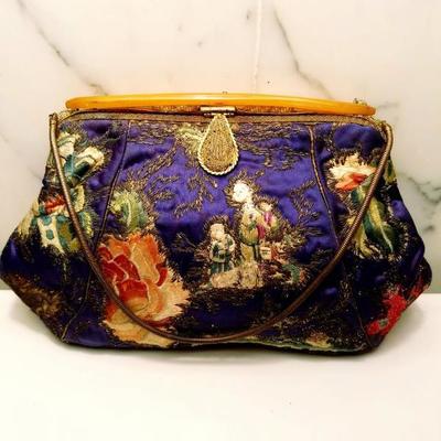 Antique Chinese silk stitch embroidered purse bakelite handle top 