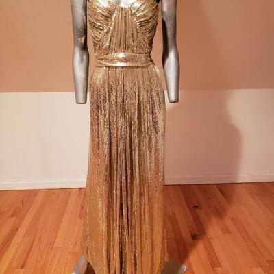 BADGLEY MISCHKA golden Screen Siren Grecian strapless gown $850 K