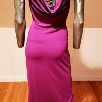 NICOLE MILLER grecian draped purple embllished dress