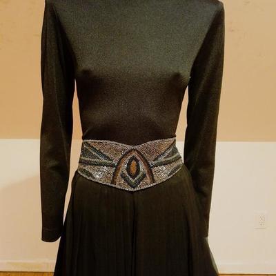 Vintage Miss Elliette California 1950's Chiffon pleated maxi gown beaded belt
