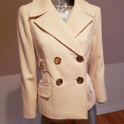 MICHARL KORS double breasted cream wool peacot jacket.gold chains hardware