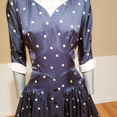  R&K Original Circa 1950's Lucy sweep navy/white polka dot dress button details